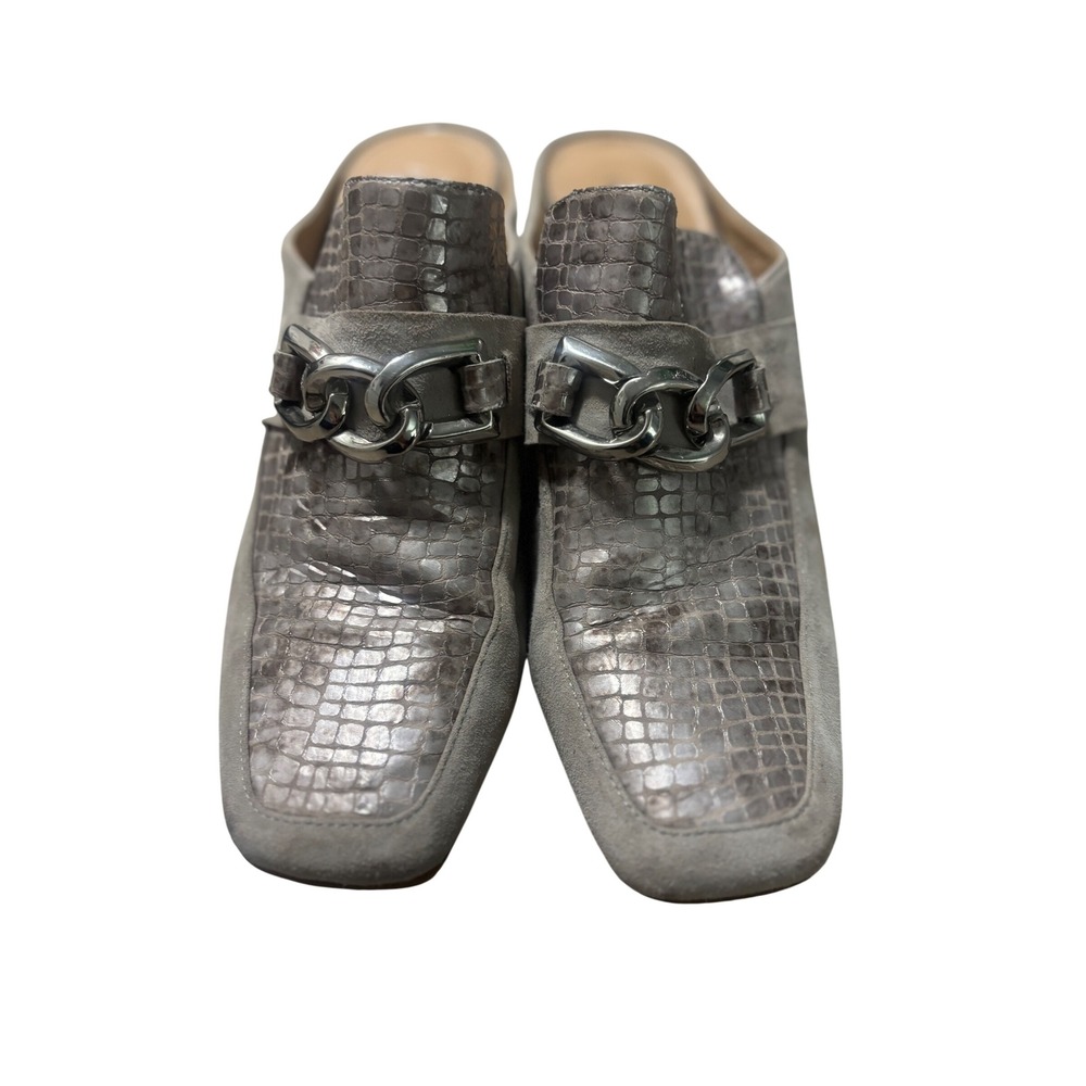 Donald Pliner Caape Gray Croc Embossed Suede Chain Mules Block‎ Heel Womens 10M